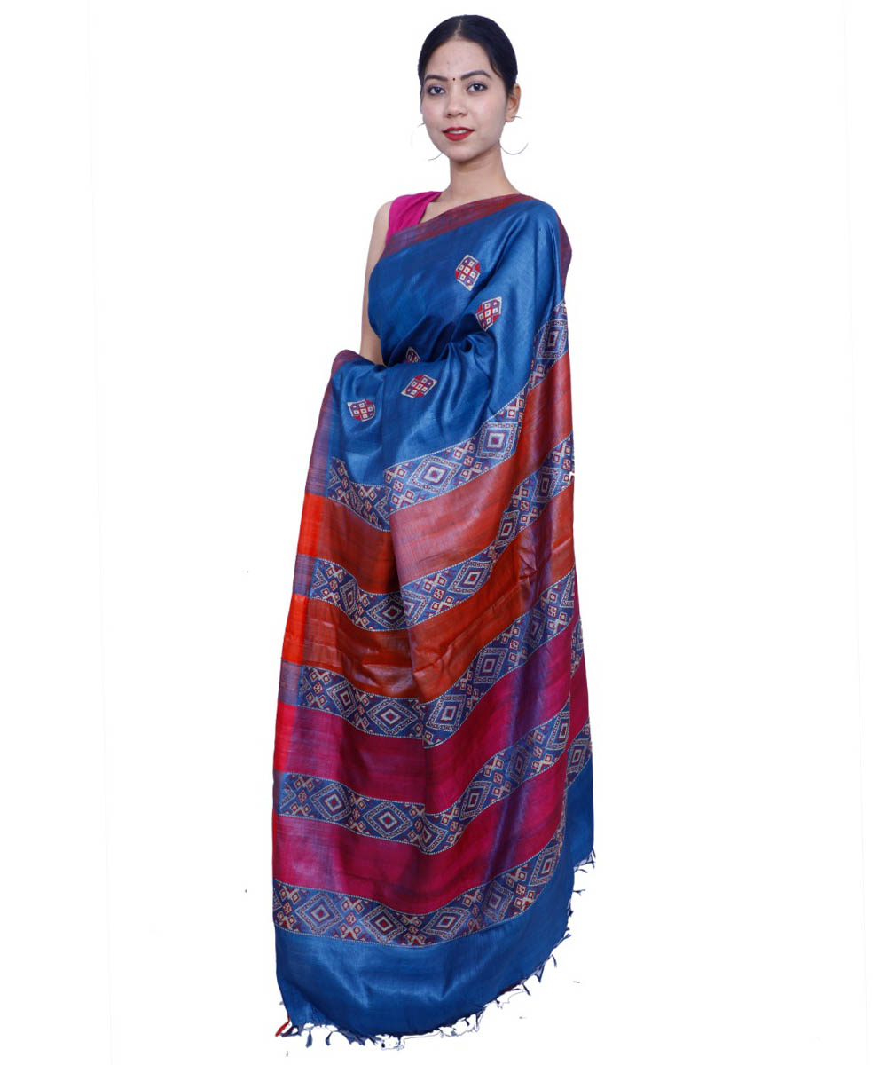 Prussian blue handwoven kosa tussar silk saree