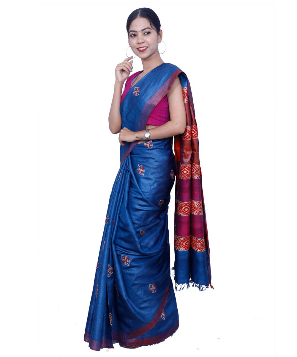 Prussian blue handwoven kosa tussar silk saree