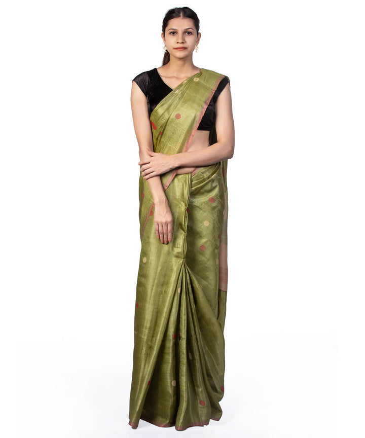 Olive green handwoven kosa tussar silk saree