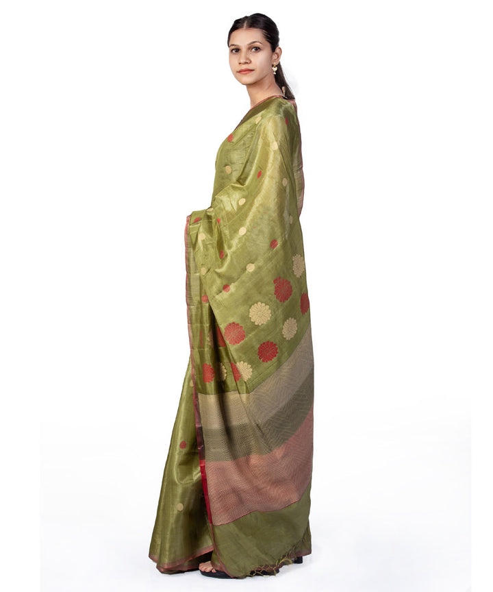 Olive green handwoven kosa tussar silk saree