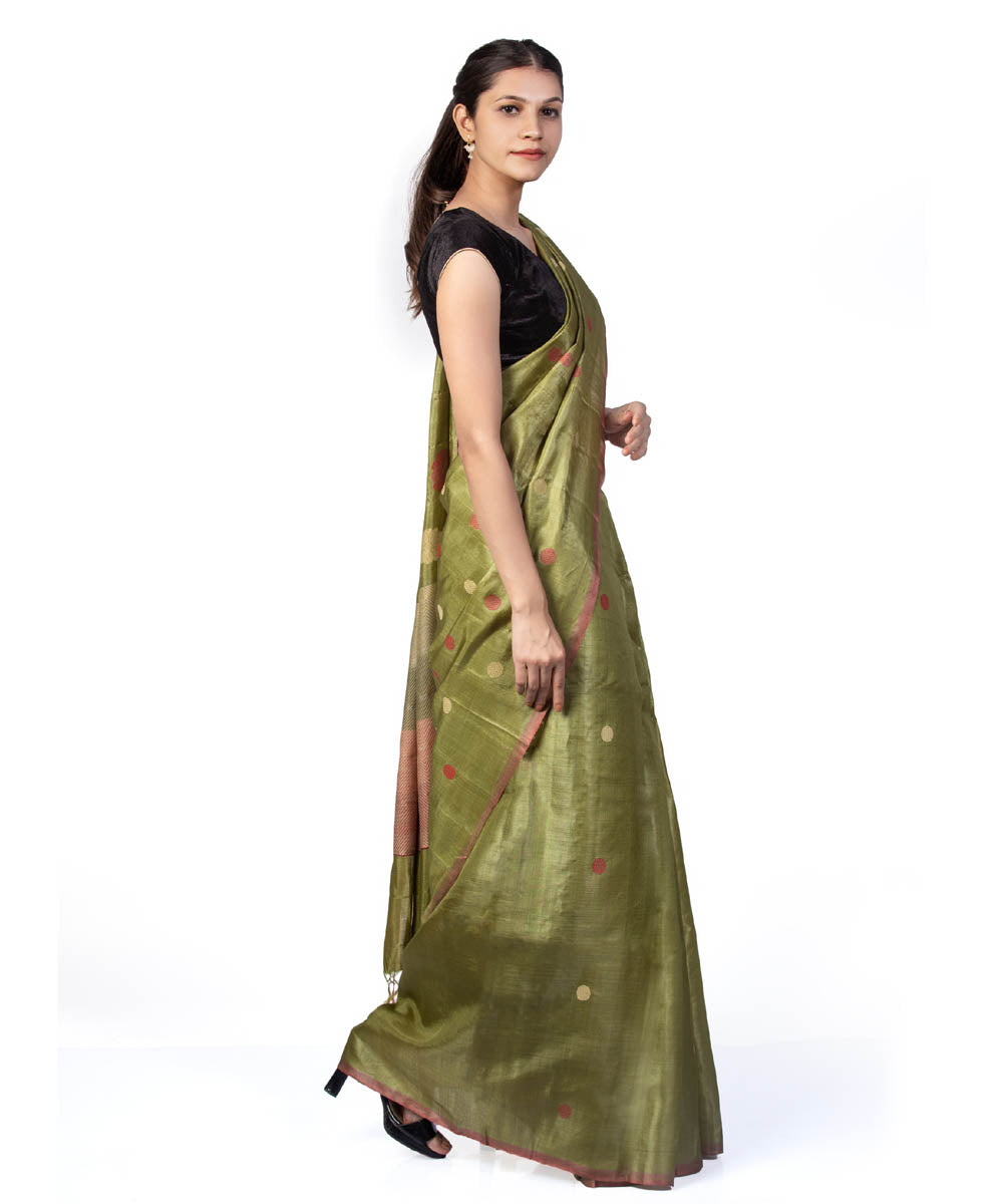 Olive green handwoven kosa tussar silk saree