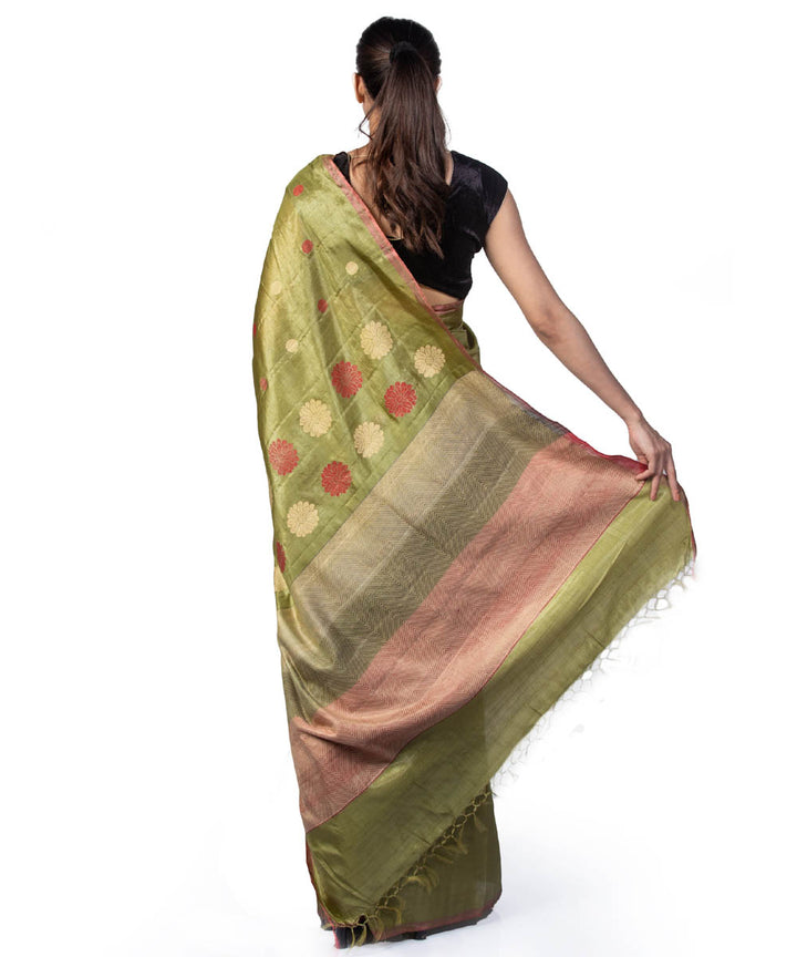 Olive green handwoven kosa tussar silk saree