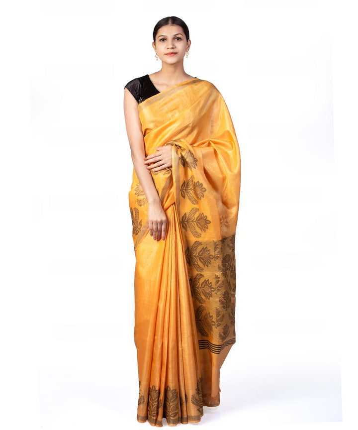 Mustard yellow handwoven kosa tussar silk saree
