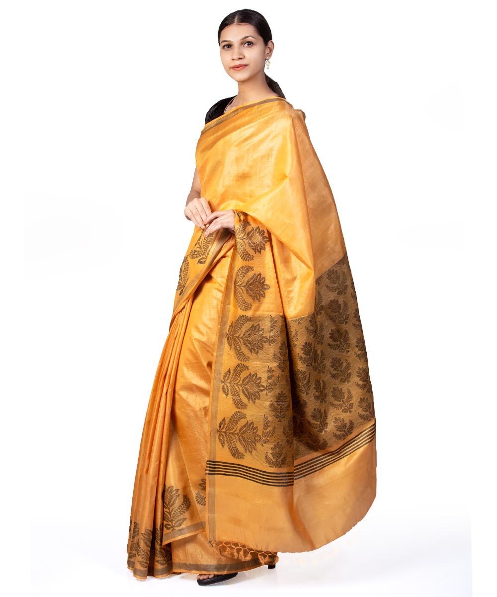 Mustard yellow handwoven kosa tussar silk saree