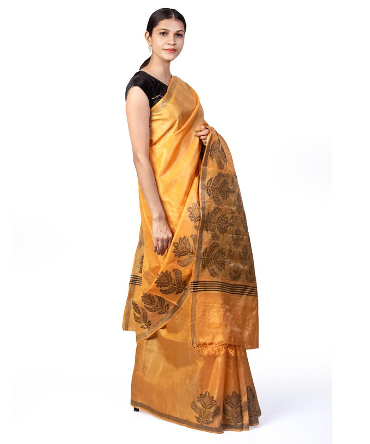 Mustard yellow handwoven kosa tussar silk saree