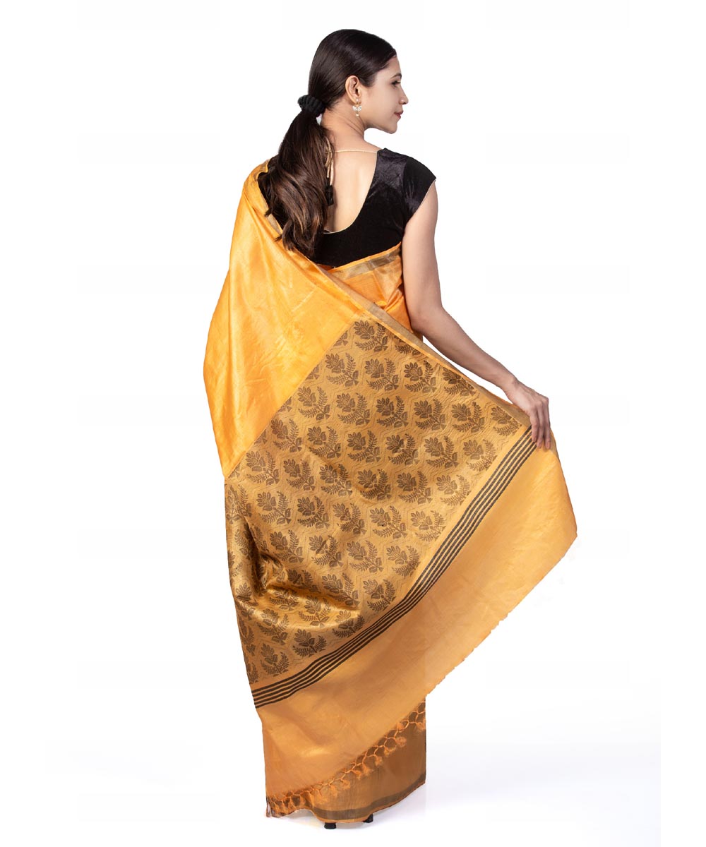 Mustard yellow handwoven kosa tussar silk saree
