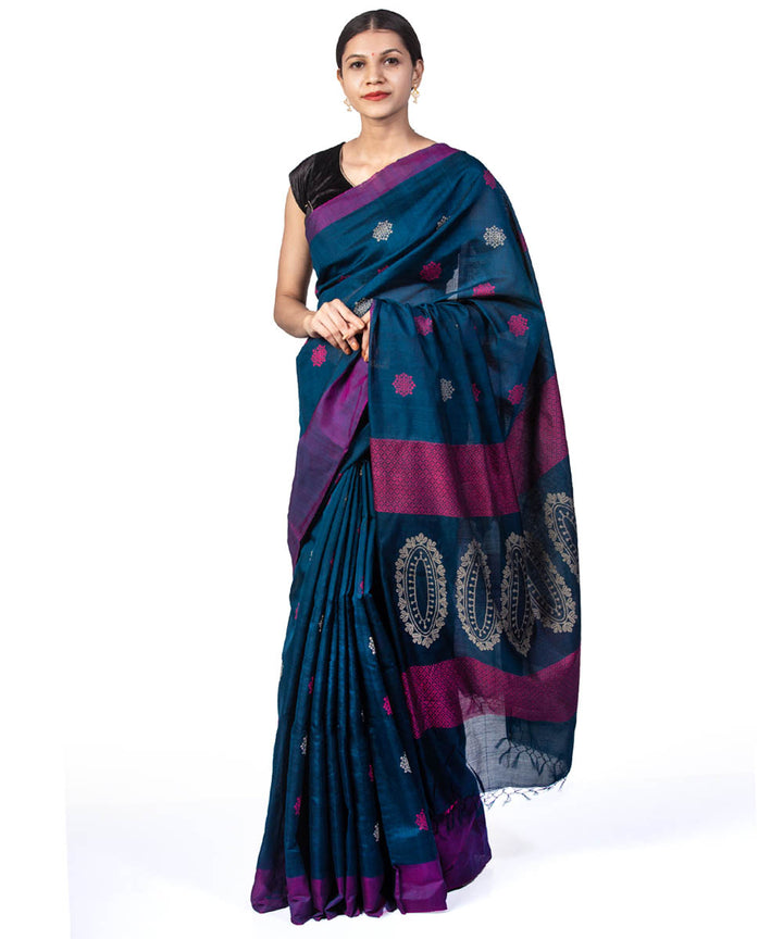 Dark blue handwoven kosa tussar silk saree