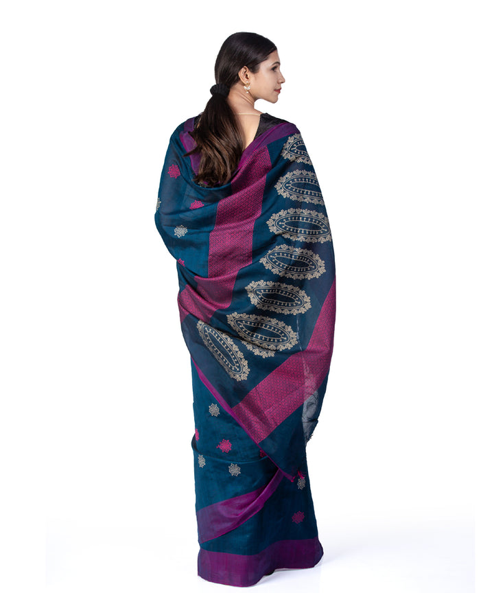 Dark blue handwoven kosa tussar silk saree