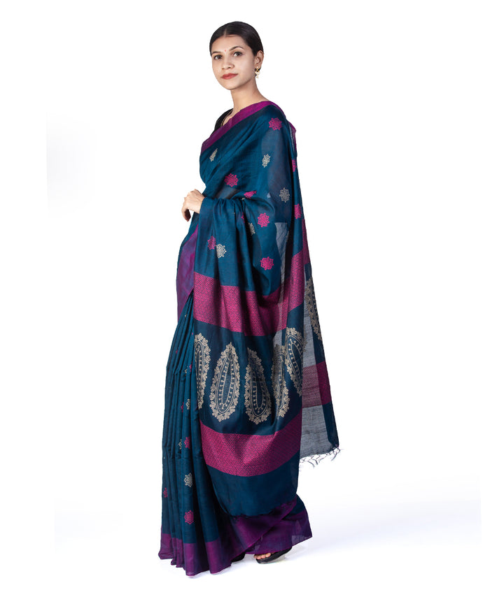 Dark blue handwoven kosa tussar silk saree