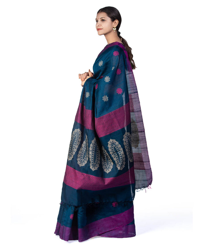 Dark blue handwoven kosa tussar silk saree