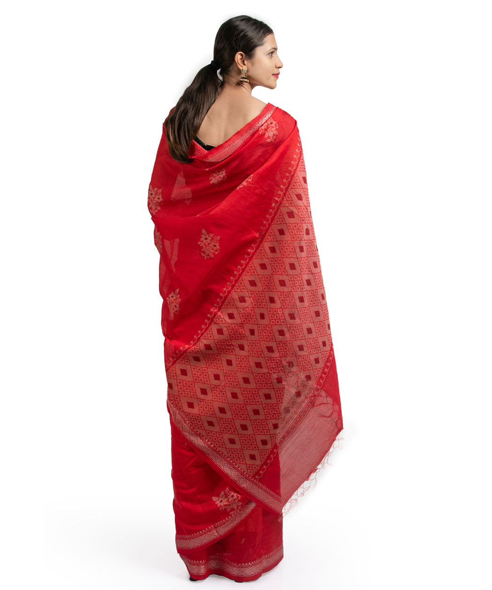 Red handwoven floral motif kosa tussar silk saree