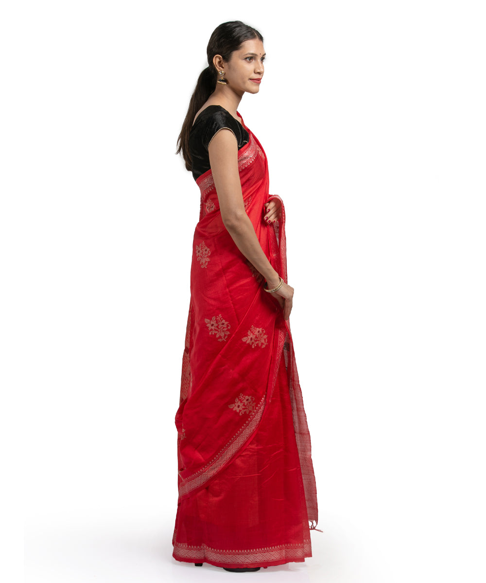 Red handwoven floral motif kosa tussar silk saree