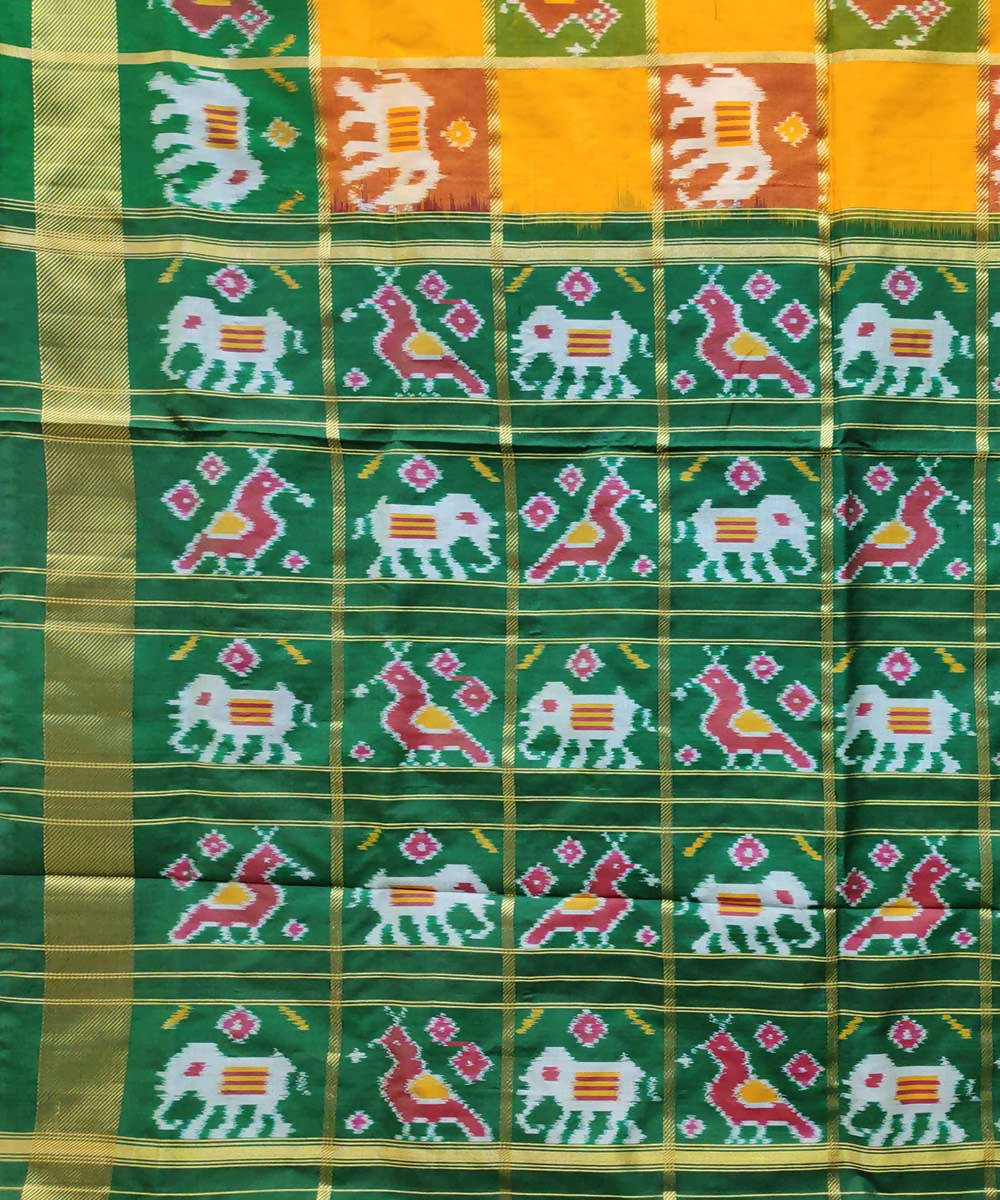 Green and yellow checks handwoven ikkat silk pochampally saree