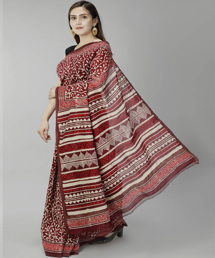 Red bagru handblock print cotton silk saree
