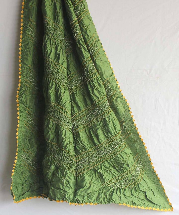 green Yellow Bandhani tie dye muga and tussar silk dupatta