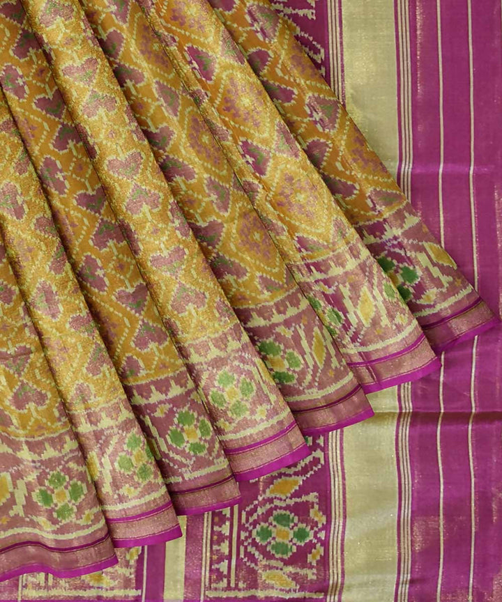 Mustard yellow pink handwoven patola silk saree