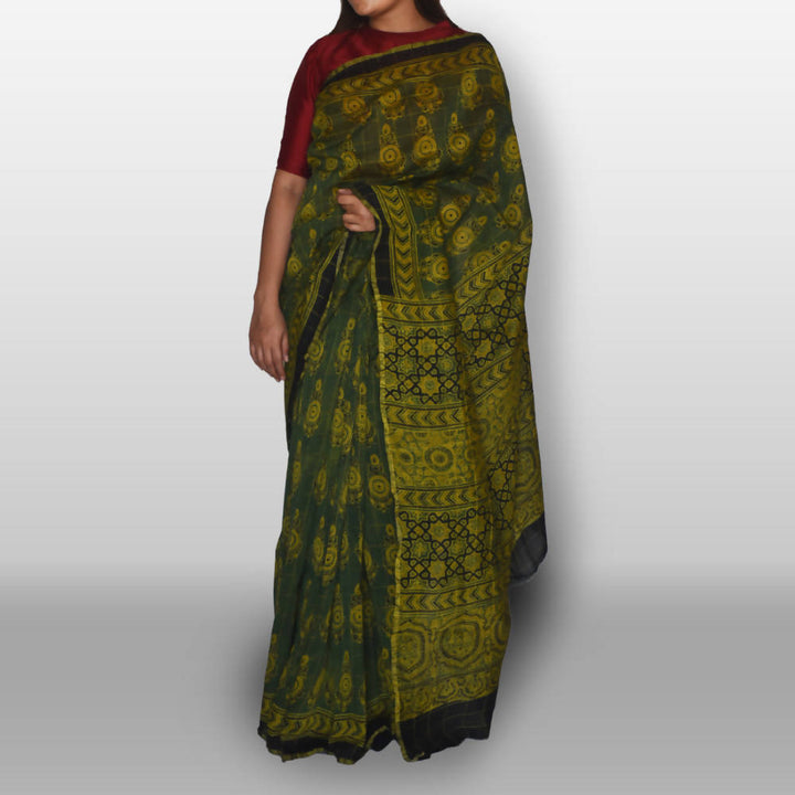 Green ajrakh saree on chanderi silk with silver checks