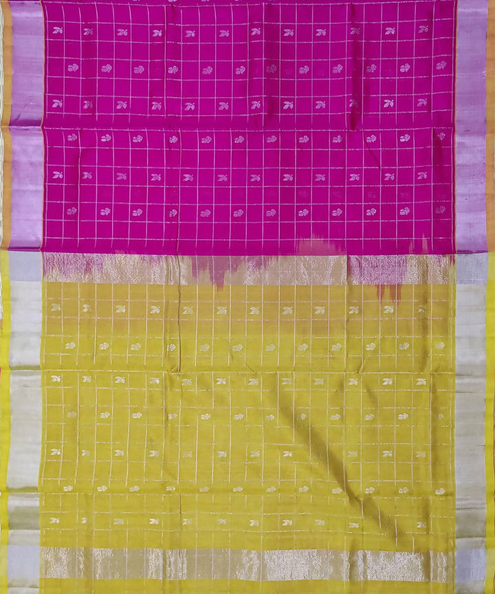 Pink Mustard Zari Checks Handwoven Sico Venkatagiri Saree