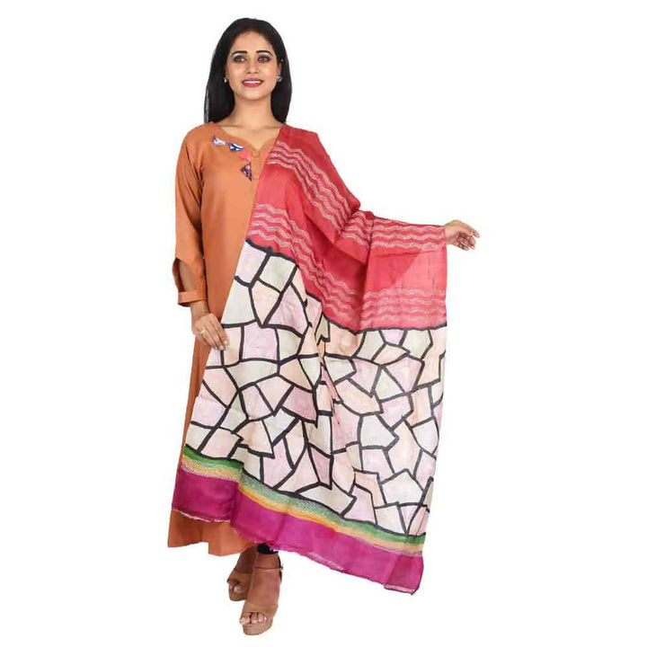 Red kantha stitch hand embroidery handloom silk dupatta