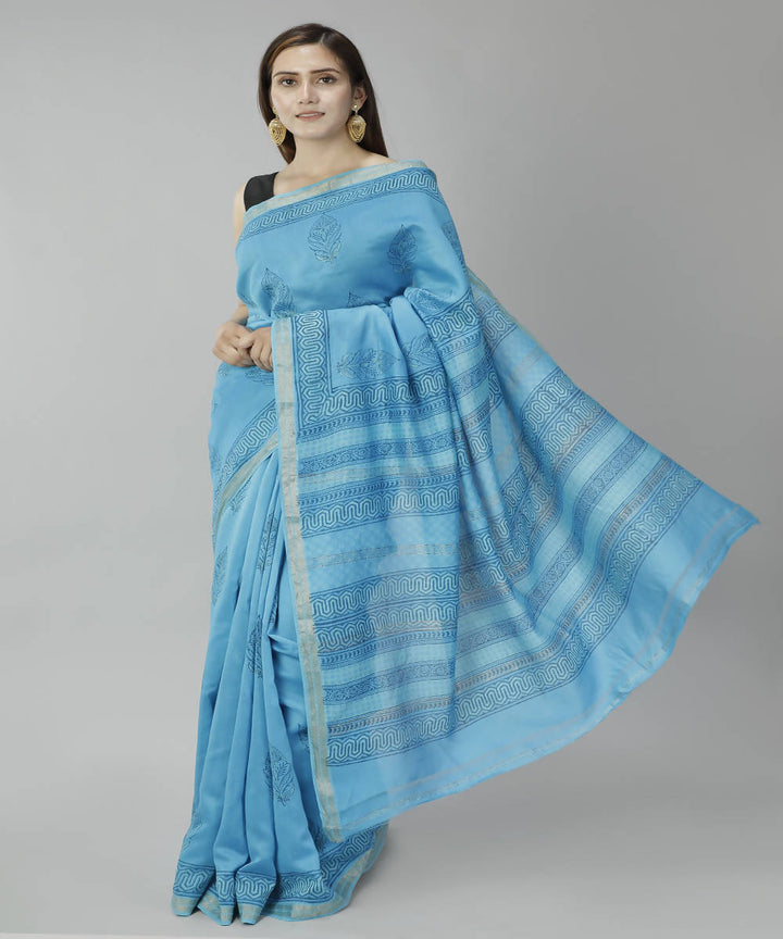 Light blue bagru handblock printed cotton silk saree