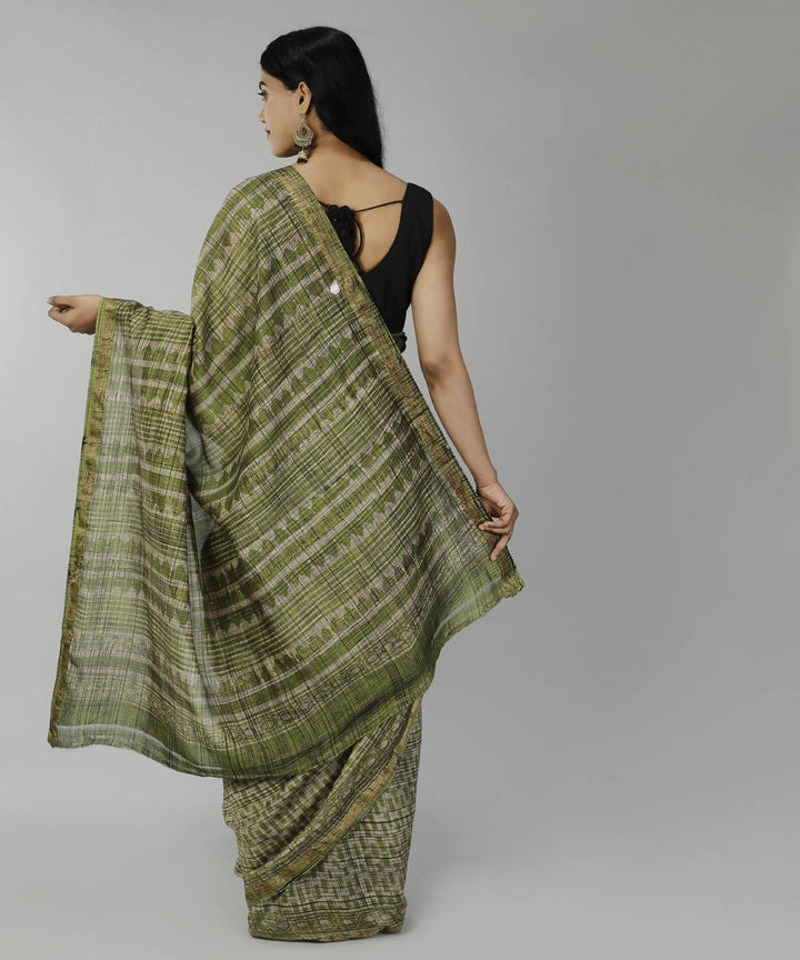Dark olive green bagru handblock printed cotton silk saree