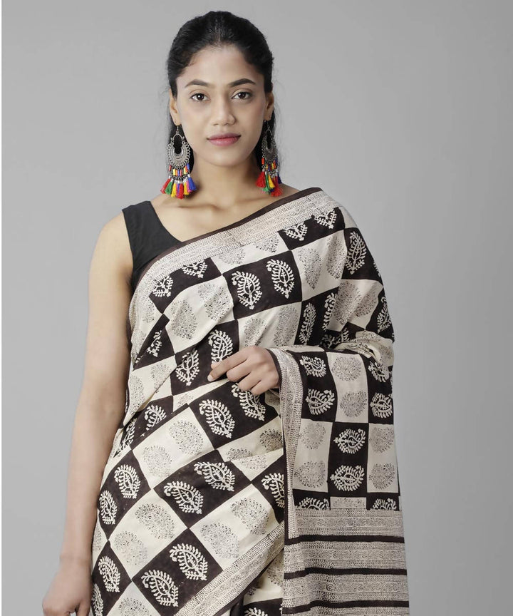 Black white bagru handblock printed cotton saree