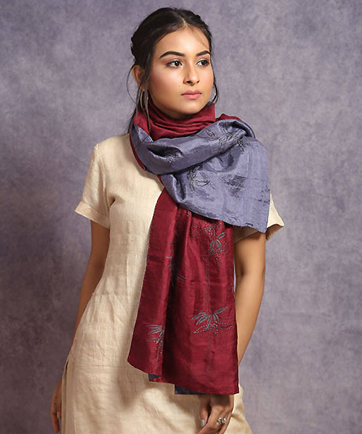 Maroon grey hand embroidery reversible silk stole