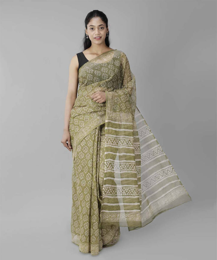 Mehendi green bagru handblock printed cotton saree