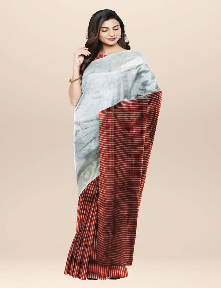 Grey and maroon handwoven half and half striped silk saree