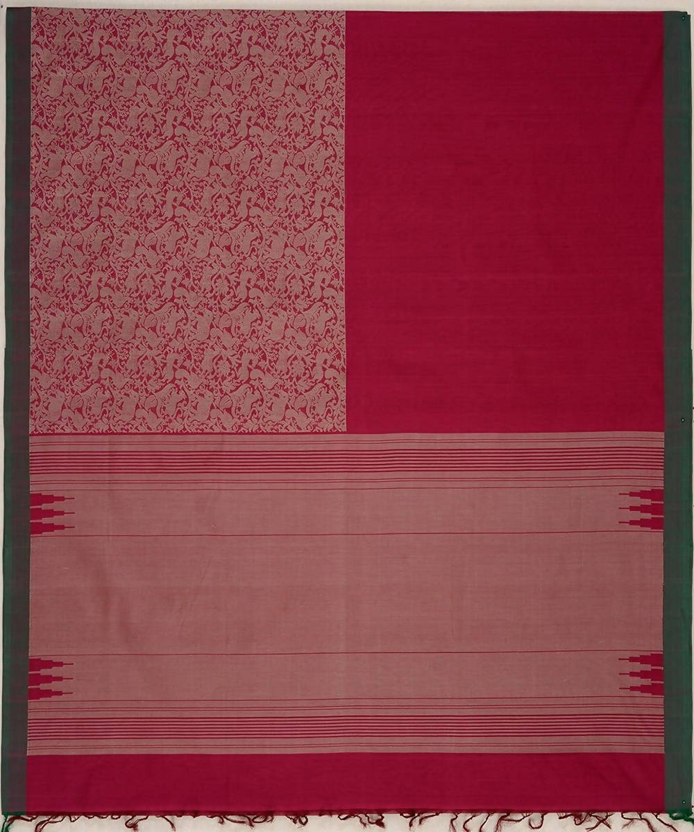 Dark red handloom kanchi cotton saree vanasingaram half n half weaving