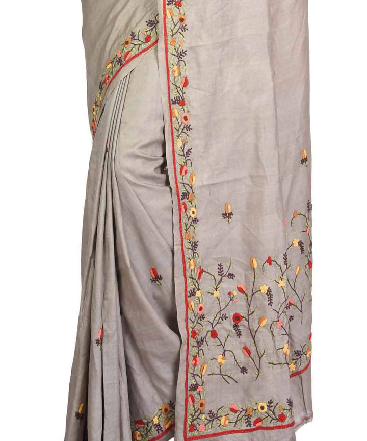 Grey bengal hand embroidery tussar silk saree