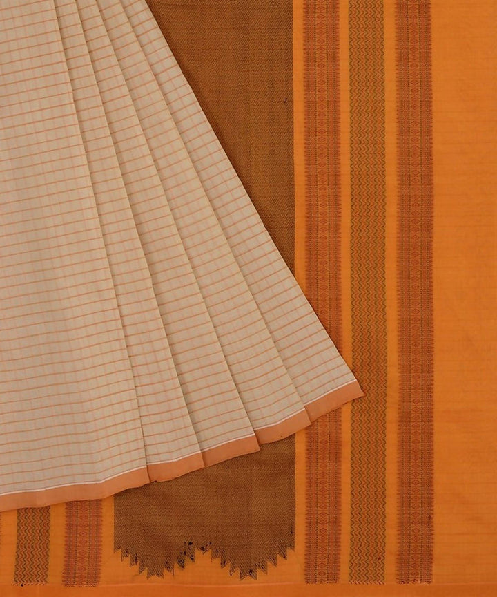 Off white kanchi silkcotton saree with checks mustard pallu