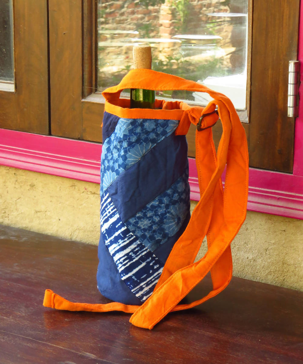 Blue orange canvas and katta upcycled bottle bag