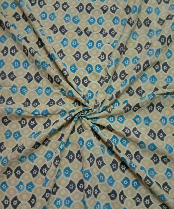 Light yellow blue natural dye ajrakh print handspun cotton fabric