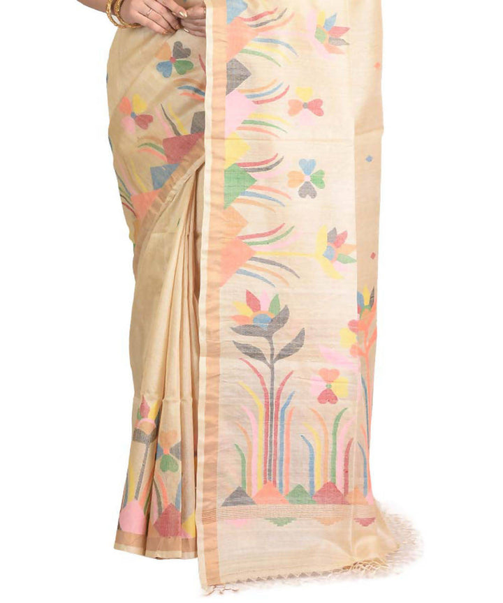 Resham shilpi bengal beige tasar saree with handwoven jamdani work