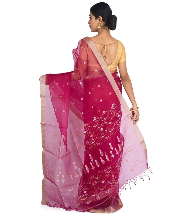 Magenta pink bengal handloom mulberry silk jamdani saree