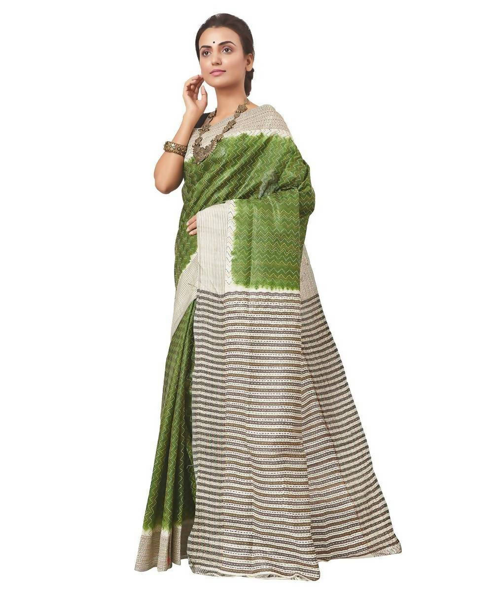 Biswa bangla handwoven green tussar silk saree with kantha jalchiri work