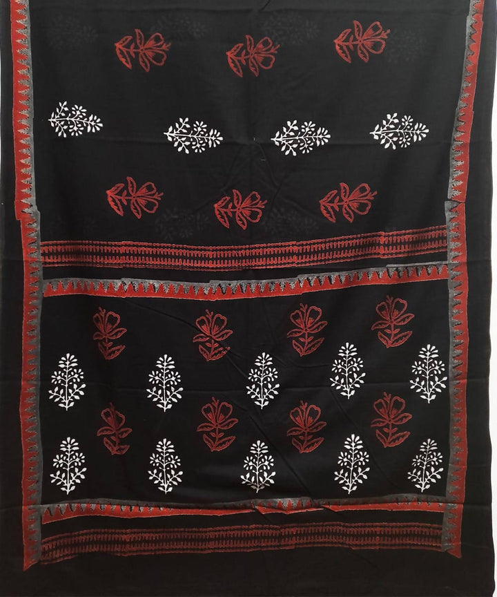 Black red white hand block print cotton saree
