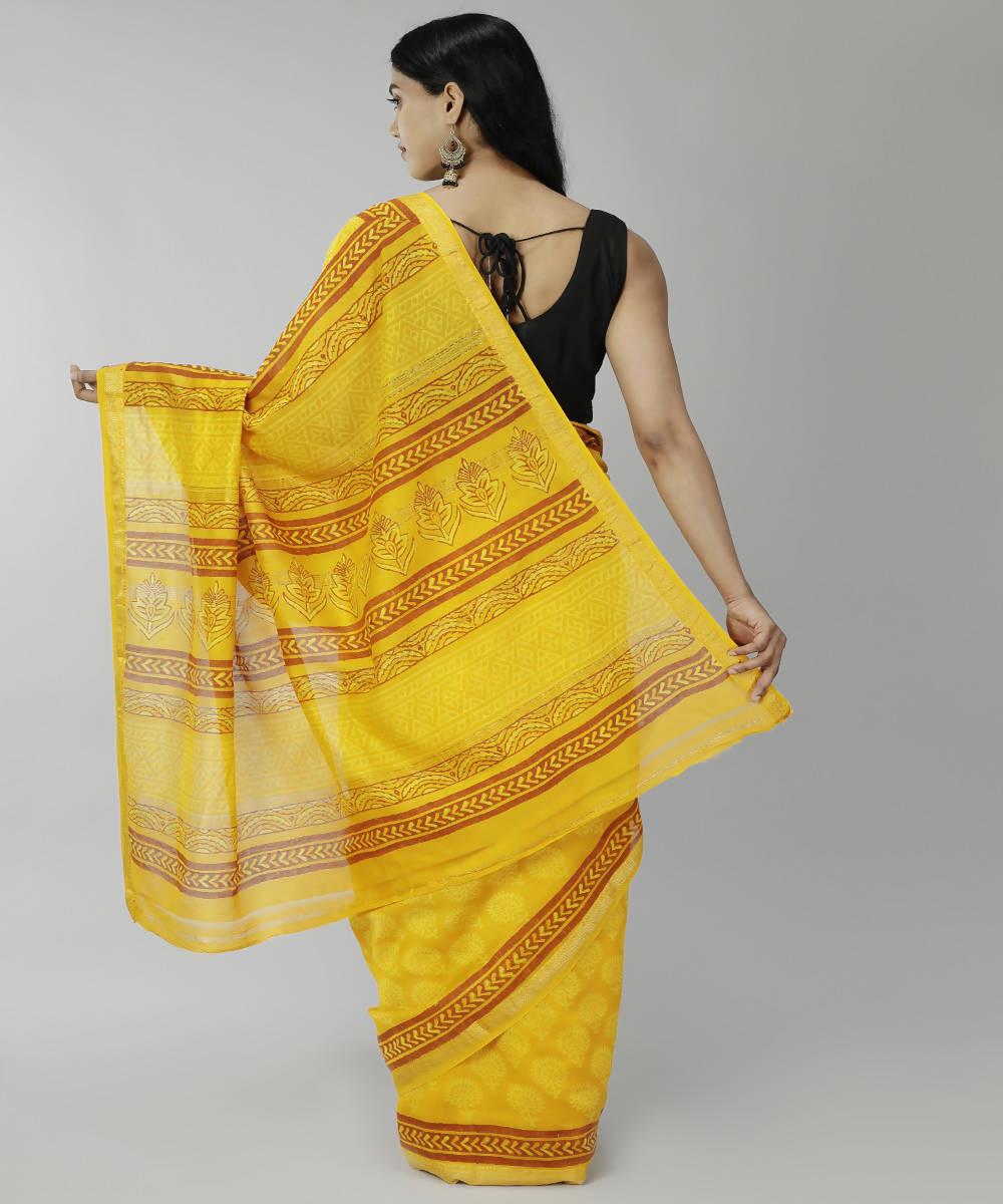 Sun yellow bagru handblock printed cotton silk saree