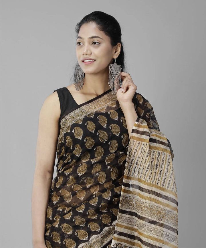 Black beige bagru handblock printed cotton saree