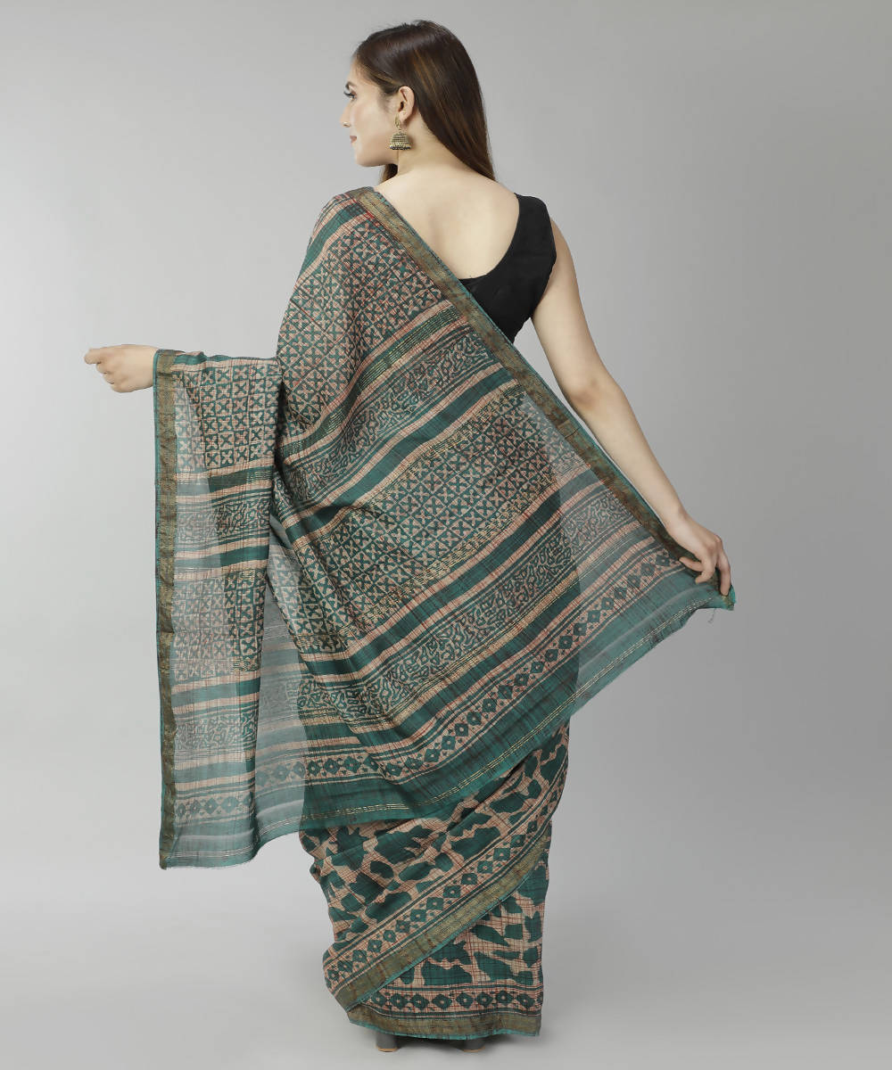 Dark sea green bagru handblock printed cotton silk saree