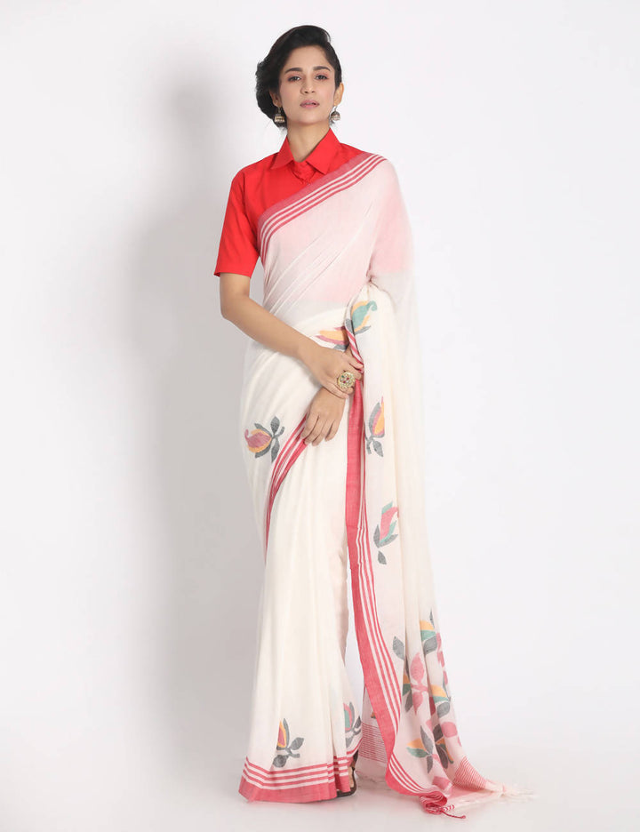 White handspun handwoven cotton saree