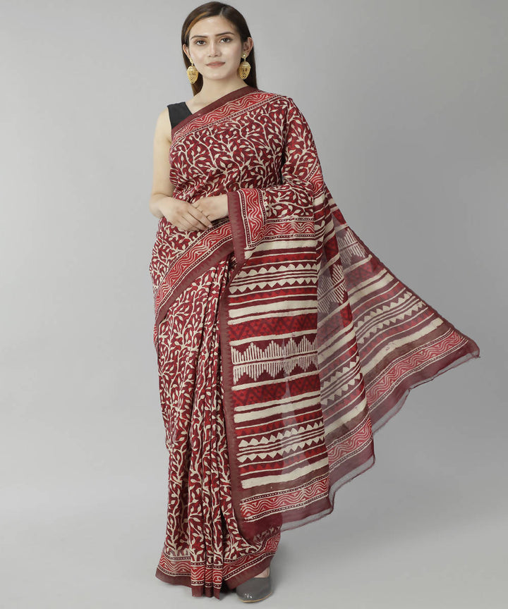 Red bagru handblock print cotton silk saree