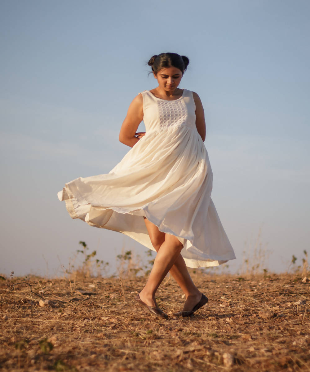 Cream white flaired cutwork kediya kora handcrafted cotton dress