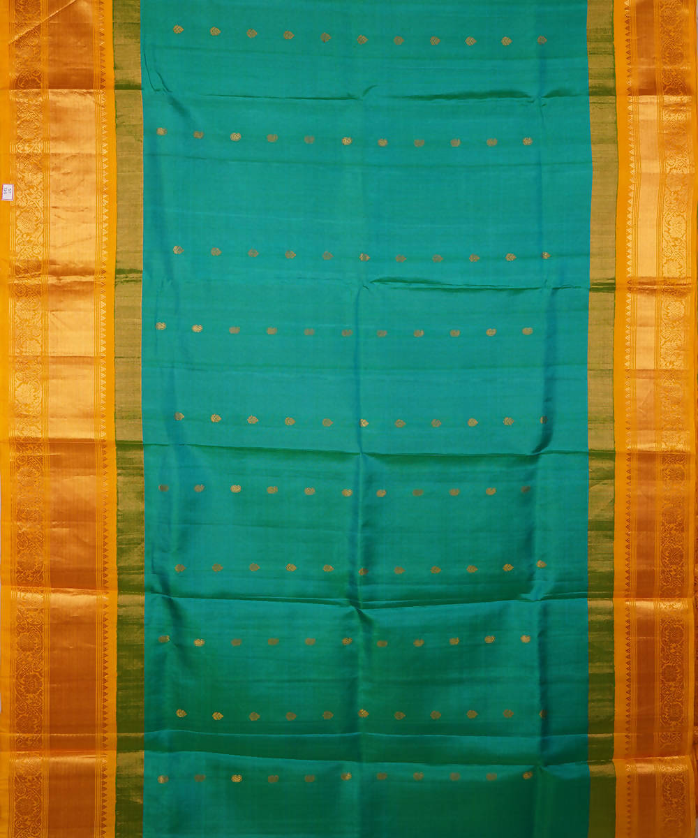 Cyan green yellow handwoven silk gadwal saree