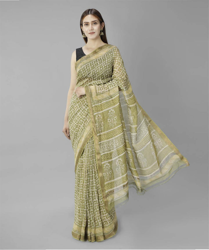 Olive green bagru handblock printed linen saree