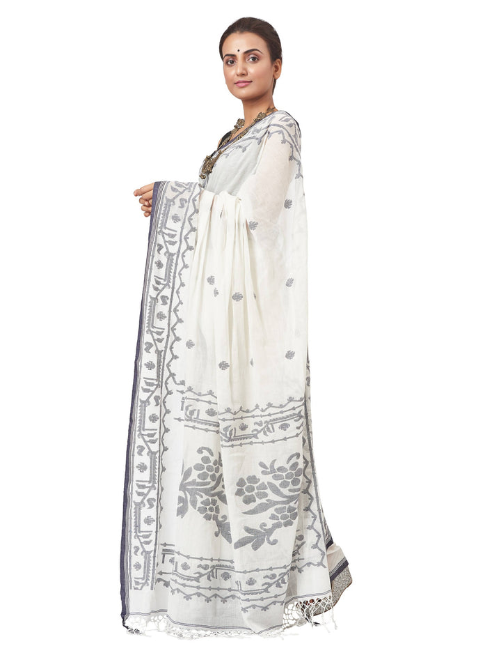 Biswa bangla handwoven white muslin saree