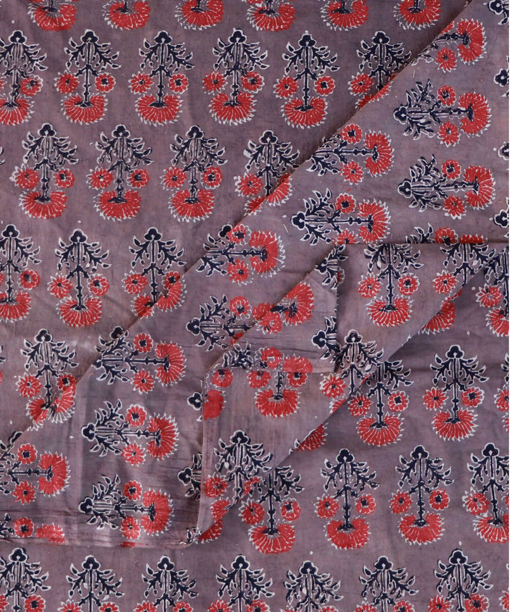 Brown red natural dye hand block printed cotton fabric