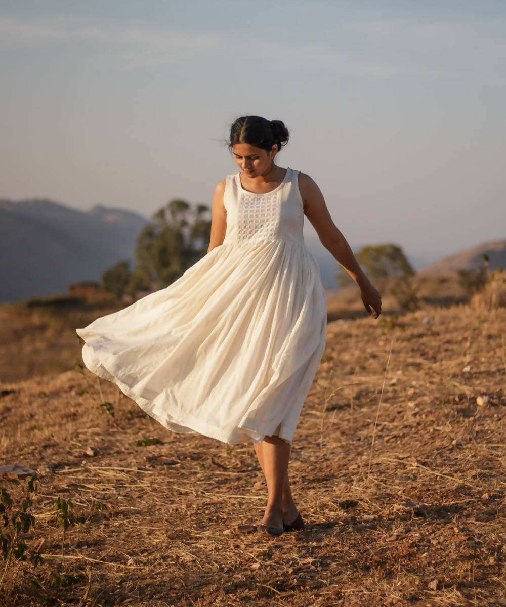 Cream white flaired cutwork kediya kora handcrafted cotton dress