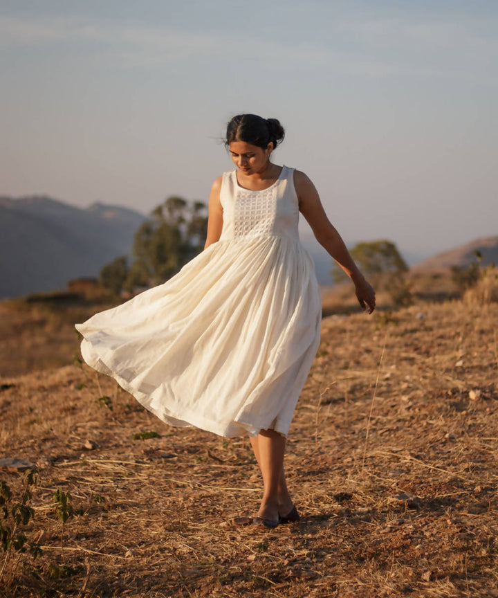 Cream white flaired cutwork kediya kora handcrafted cotton dress
